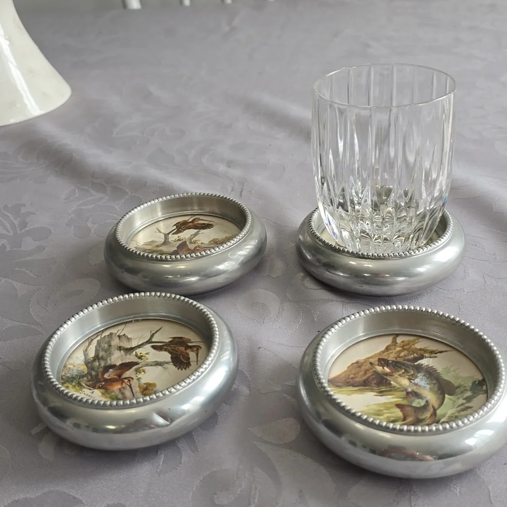 Vintage Set Of 4 Fred Sweney Coasters Birds Fish Metal Glass Barware Rustic